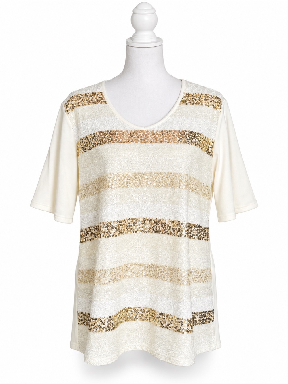 Quacker Factory Sequence Cream Top with Gold Size XL